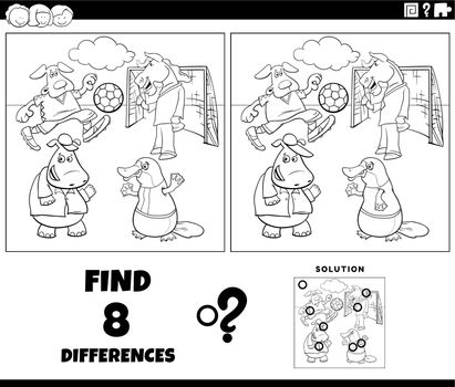 differences task with animals playing soccer coloring page