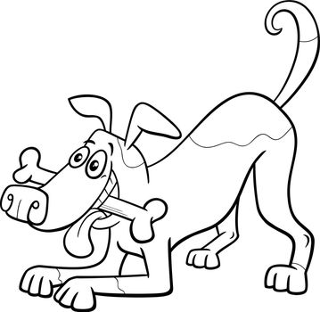 cartoon playful dog character with dog bone coloring page
