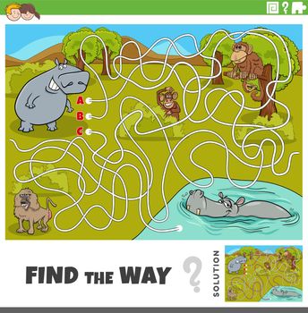 Cartoon illustration of find the way maze puzzle game with hippos and monkeys characters