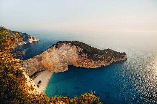 Navagio Bay Shipwreck Beach without people, top down view, Greece, Zakynthos.