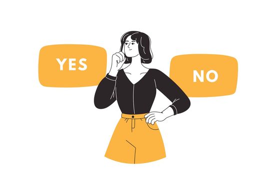 Woman making decision. Person doubting,choosing between two alternatives, solving problems. Dilemma concept. Flat vector illustration