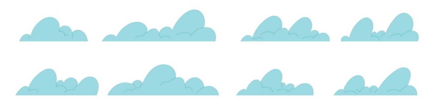 Simple clouds isolated set. Cute flat sky icon, cloud logo. Cartoon vector illustration isolated on white background.