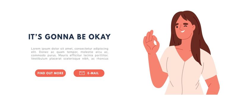 Ok sign and good gesture language concept. Happy woman showing zero. All be okay. Flat vector illustration