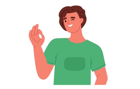 Ok sign and good gesture language concept. Happy man showing zero. Flat vector illustration