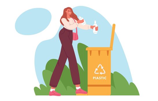 Woman with trash. Person take out garbage. Recycle concept. Flat vector illustration