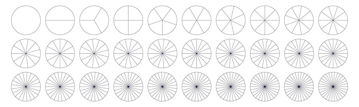 Fractions pie divided for math. Circle pie with pieces. Segment slice set. Simple geometry. Vector isolated illustration