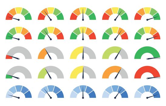 Set of different colorful speedometers, meter gauge element, ratings of varying degrees of satisfaction. Level indicator collection. Vector isolated illustration