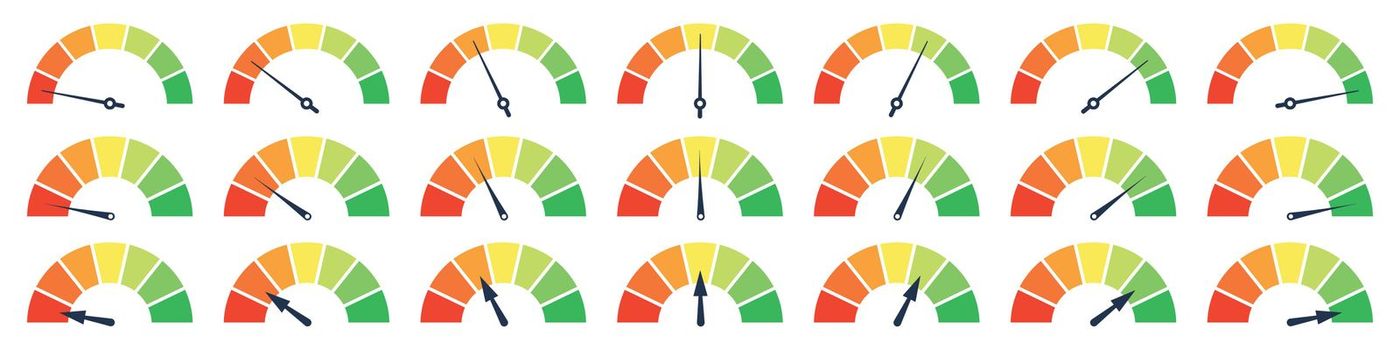 Set of different meter gauge element. Green and red, low and high barometers,bad and good level or risk scale. Vector isolated illustration