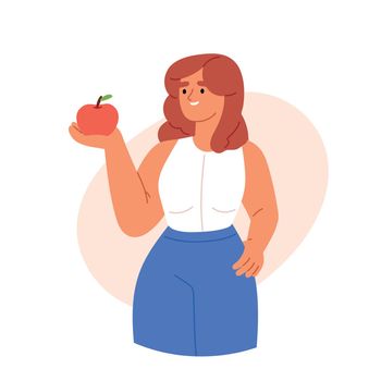 Woman is eating an apple. Person with health snack Diet food, healthy lifestyle, vegetarian food, raw food diet. Student snack