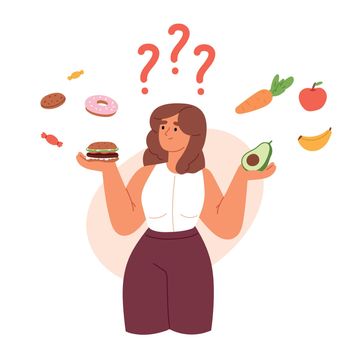 Healthy and unhealthy food Concept. Choice between nutrition. Fastfood, snack, sweet and fat eating versus fructs set. Useful habit. Flat vector illustration