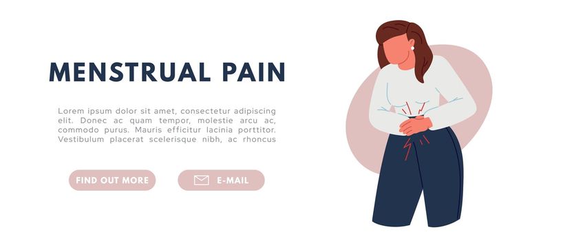 Abdominal pain. Woman with strong PMS pain during periods. Flat vector illustration