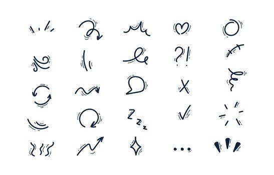 Set of hand-drawn cartoon expression sign doodle line stroke. Movement drawing effect, curve express directional arrows,character emotion symbols, emoticon effects design elements.