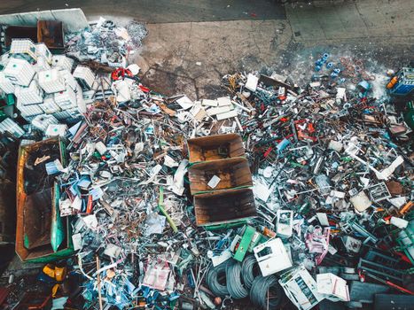 Aerial view of huge pile of garbage at the recycling center