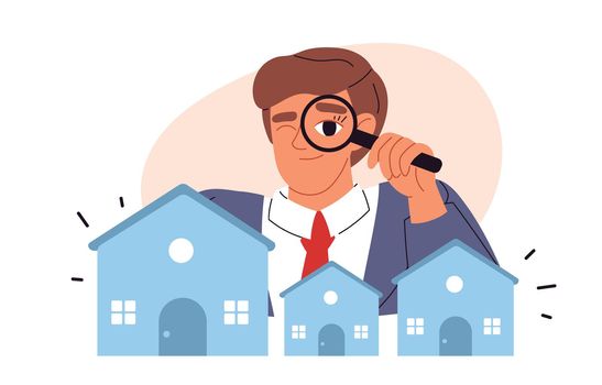Real property search concept. Rent apartment, buy house,building estate. Search ideal home. Flat vector illustration