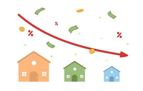 House with arrow graph down. The housing market is falling. Low prices. Flat vector illustration