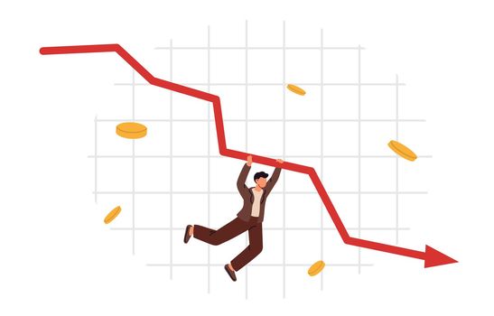 Global financial crisis, decline economy, bankruptcy. Arrow point downwards. Economic downturn. Flat vector illustration
