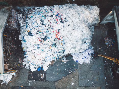 Shredded plastic waste at the recycling center, directly above