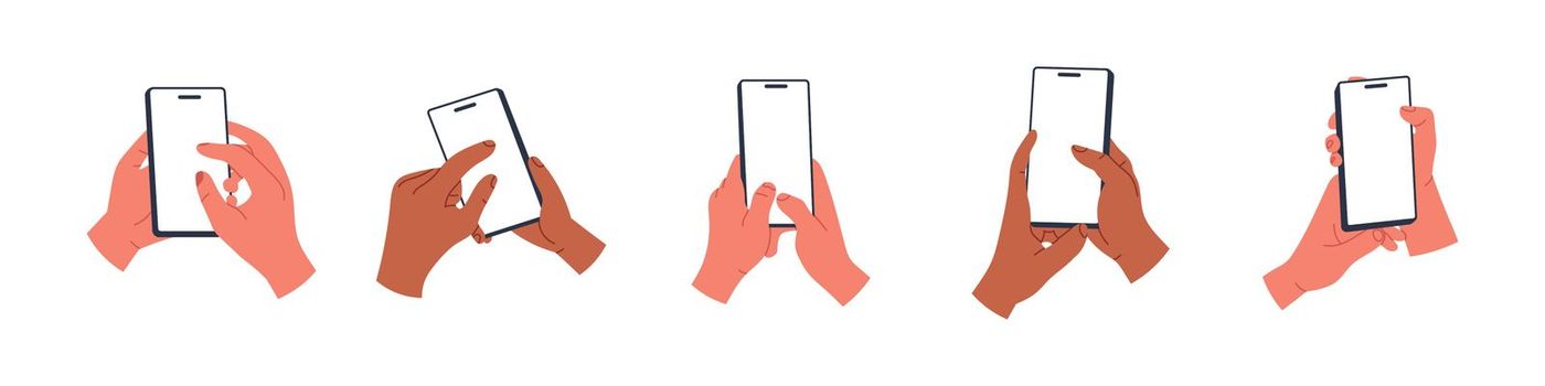 hand holding phone. Empty screen, phone mockup. advertisement mobile . Isolated vector illustration