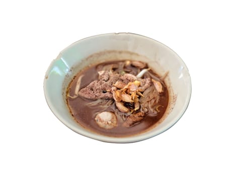Thai Boat noodles in thicken soup added blood with Pork balls, Sliced beef and liver 