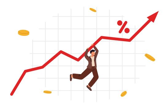 Businessman fall down in graph with inflation high up. Bank rate hike. Economics concept. Economic crisis or consumer price rising up concept. Inflation financial crisis. Flat vector illustration