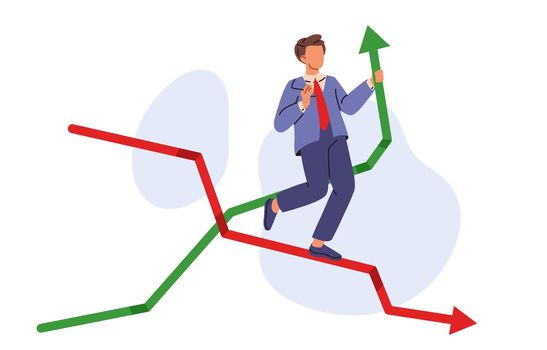Businessman controls the graph of the economy. Growth and decline of the economy and earnings. Flat vector illustrations
