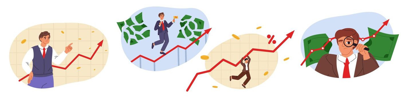 Economy set. Inflation high up set. Economics or loan concept. Money depreciation. Economist and inflation growth graph. Rising food costs and grocery prices. Inflation and tax concept. Flat vector illustration