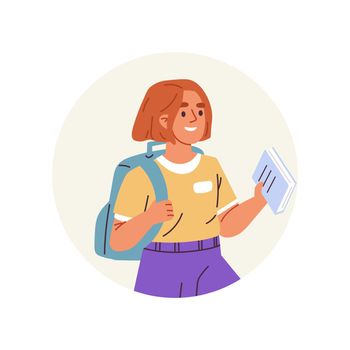 Girl portrait primary school. Sweet girl with book. Flat vector illustration