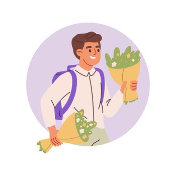 School boy portrait. Kid with flowers in hands. Primary pupil or high school student. Flat vector illustration