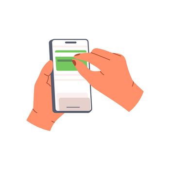 Hand holding phone and pays for purchases with contactless from phone hand and phone icon. Flat vector illustration isolated on black background