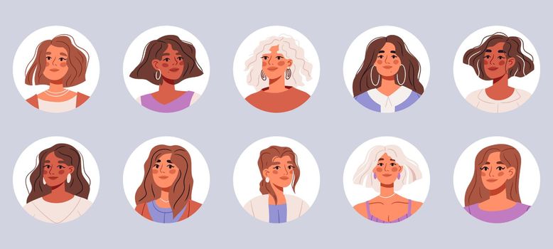 Bundle of different portraits people. Happy woman avatars set. Different round face profiles with multiracial persons. Flat vector illustrations