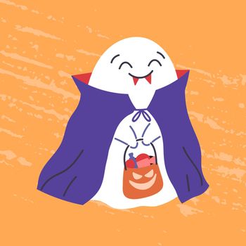 Halloween ghost character in a vampire costume. Scary Halloween spooky phantom. Adorable magic spirit. Childish flat vector illustration