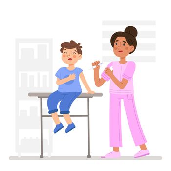 Vaccine for children. Kids after vaccination with nurse. Vaccinated baby. Medicine and healthcare for toddlers. Vector illustration