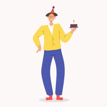 A man with a birthday cake. Holiday Birthday. Birthday party. Hand draw style