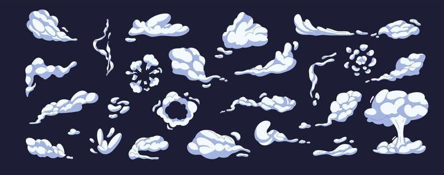 Set of cartoon smokes and steam cloud puffs. Explosion sprite elements, exhausts trail from gas. Isolated smoky elements of gas explosions, dust or vapor. Flat vector illustration