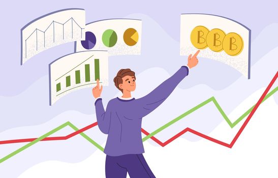 Investors with digital stock market. Buying bitcoin. Analysis of the digital financial market. Digital market investors. Flat graphic vector illustrations