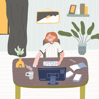 The woman works at the computer. Remote work from home. The designer works from an apartment. Hand draw style