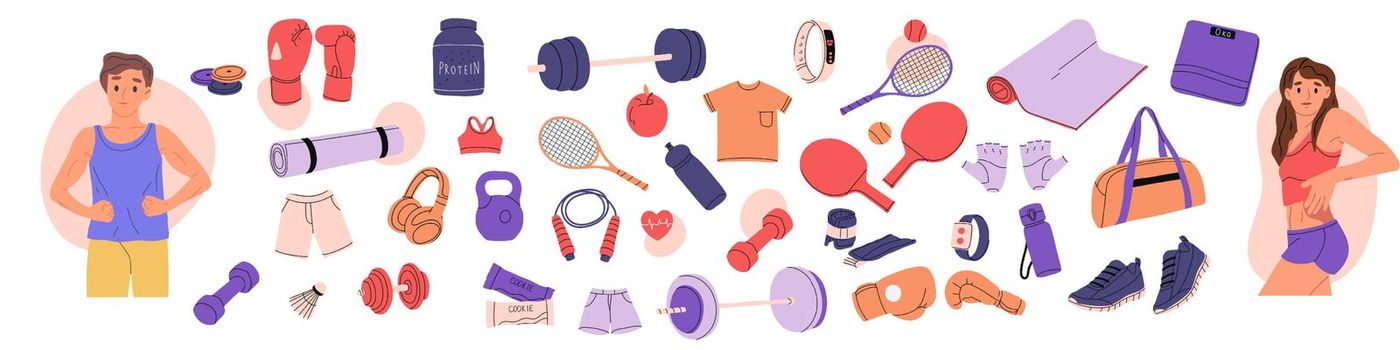 Equipment for training in the gym. Workout stuff. Clothing and equipment for sports. Flat Vector Illustration
