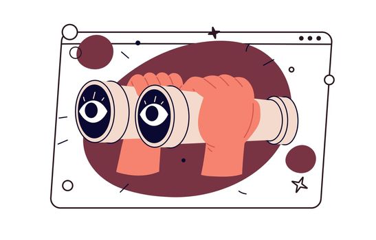 CEO concept. Man looks through binoculars and search information on Internet. Flat vector illustration