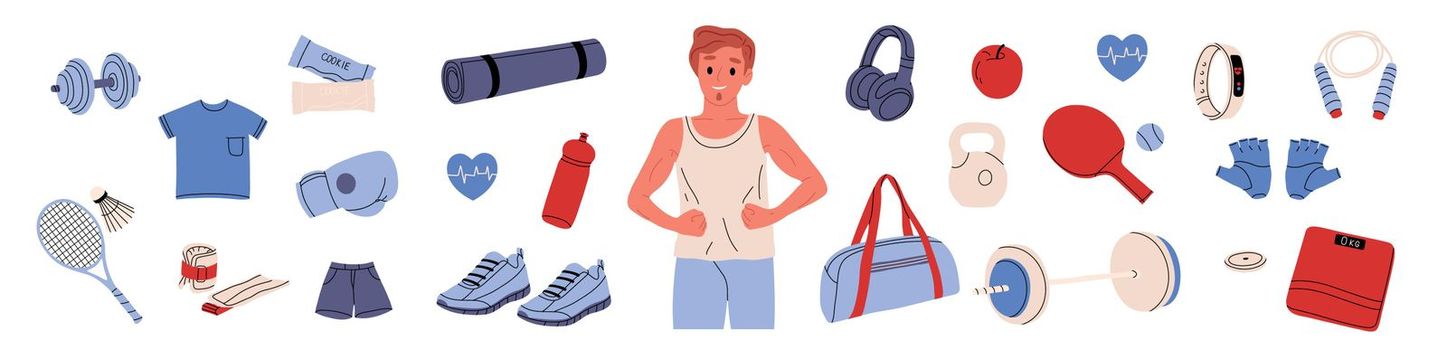Various sport inventory set. Inventory for fitness ,athletics people, gym accessory. Different sport equipment. Isolated flat vector illustration.