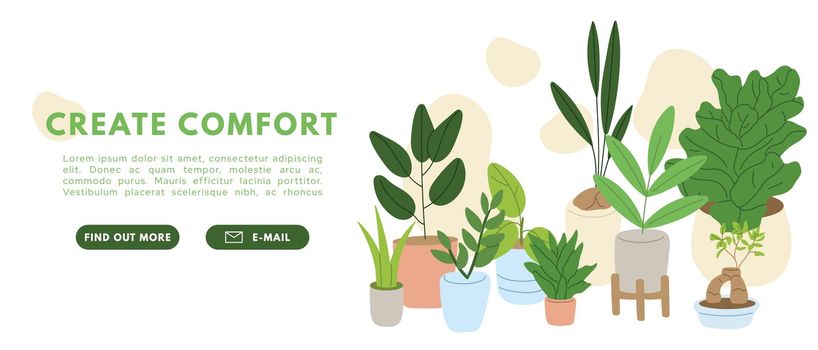 House plants set. Create comfort interior. Green decor. Flat vector illustration