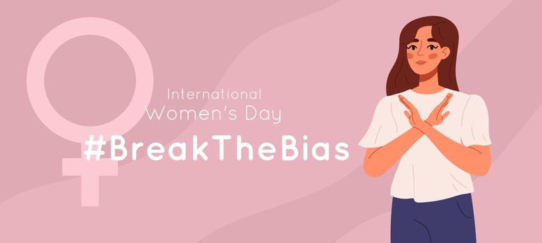 Break the bias banner. Women's international day. Crossed arms to support gender equality. Flat vector illustration isolated on white background