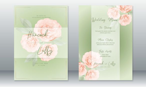  Wedding invitation card green background with rose bouquet 