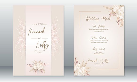   Luxury wedding invitation card template elegant of pink background rose and leaf watercolor 