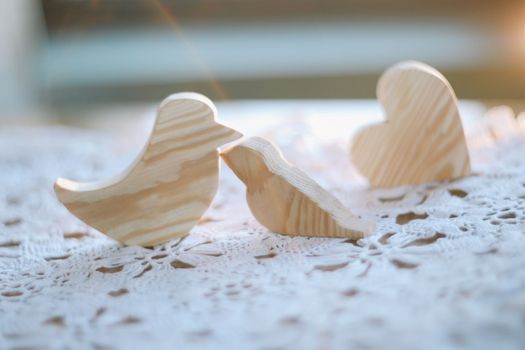 pair of wooden carved handmade toy birds. Eco-friendly wooden educational toys based on the Montessori method. Wooden toys, handmade toys for kindergarten, preschool