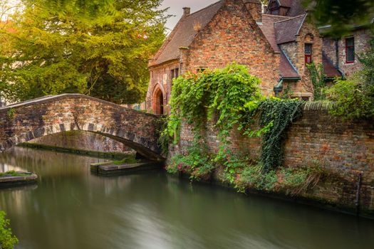 Flemish and ornate architecture of idyllic Bruges with canal, Flanders, Belgium