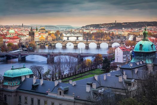 Panoramic view over the cityscape of Prague at dramatic dusk, Czech Republic