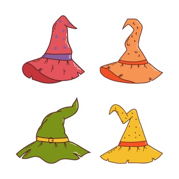 Set of witch hats. Halloween element. Trick or treat concept. Vector illustration in hand drawn style
