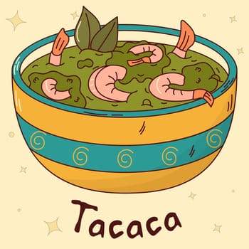 Brazilian traditional food. Tacaca. Vector illustration in hand drawn style