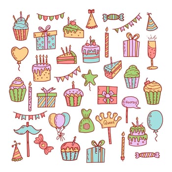 Birthday greeting party decorations. Gifts presents, cupcakes, celebration cake.