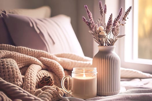 Cozy winter morning at home with hot coffee, warm blanket, candle lights, heather lavender flowers
